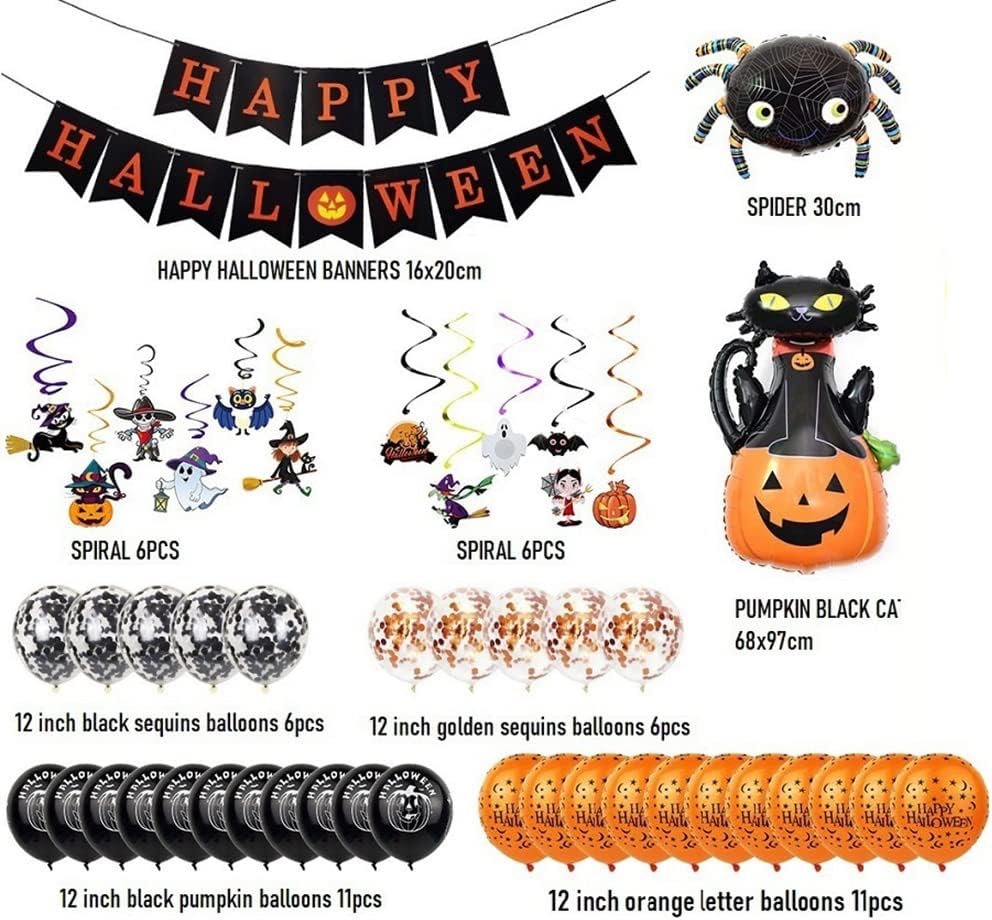 Fontee® 60 Piezas de Decoración Halloween: Globos, Pancartas, Arañas, Murciélagos y Más para una Fiesta Espeluznante y Divertida