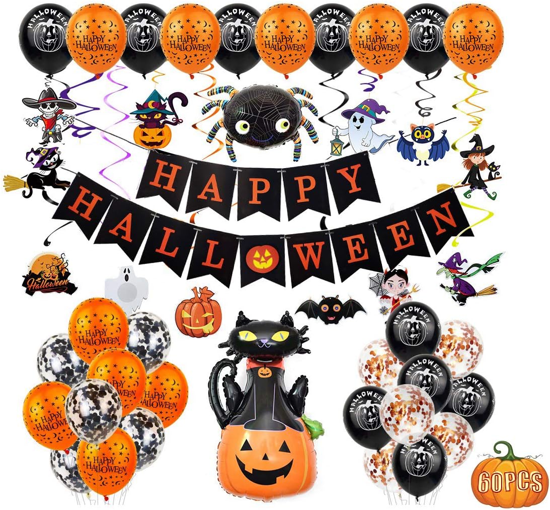 Fontee® 60 Piezas de Decoración Halloween: Globos, Pancartas, Arañas, Murciélagos y Más para una Fiesta Espeluznante y Divertida